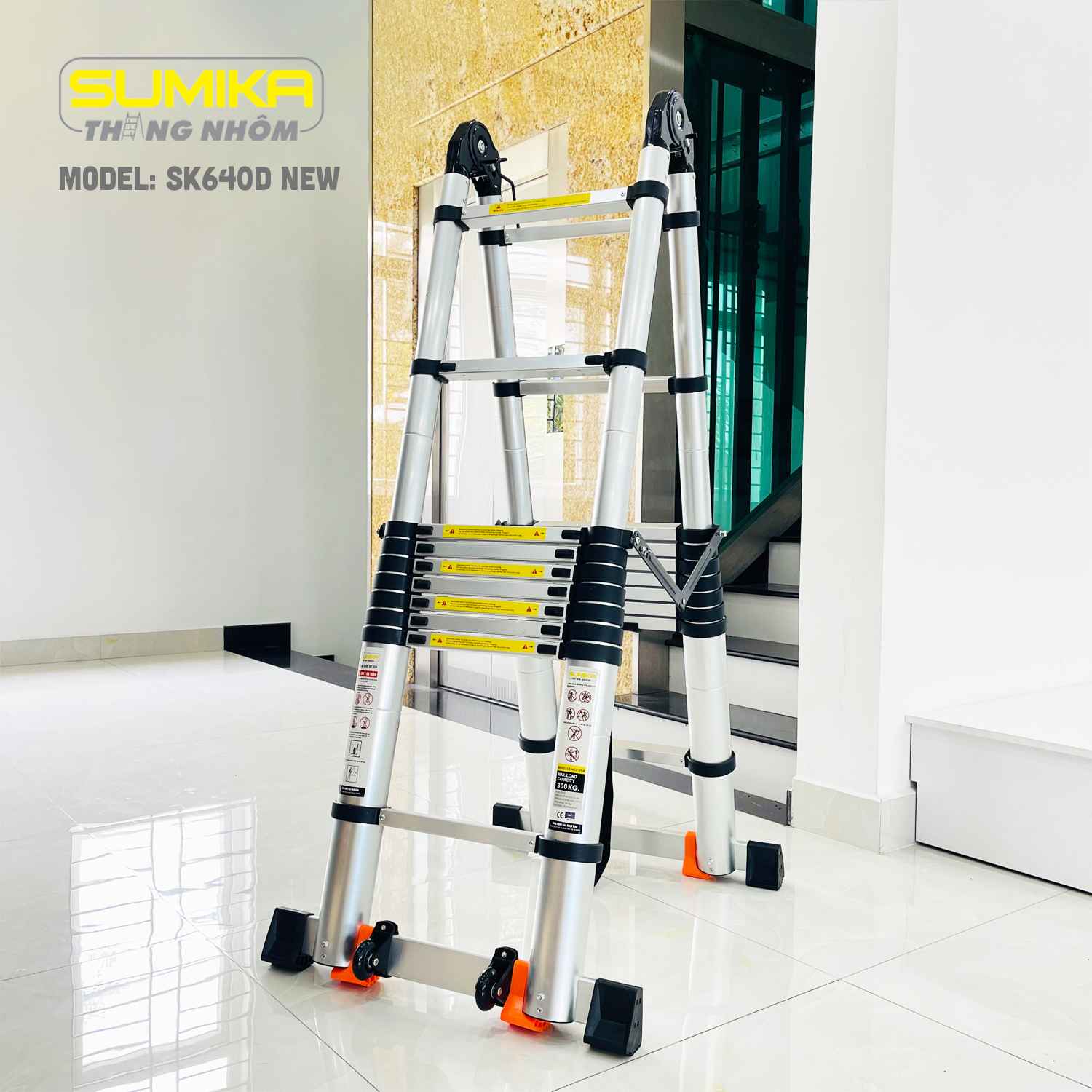 Thang nhôm rút đôi SUMIKA SK640D NEW - rút chữ I cao 6.4m, rút chữ A cao 3.2m, tải trọng 300kg