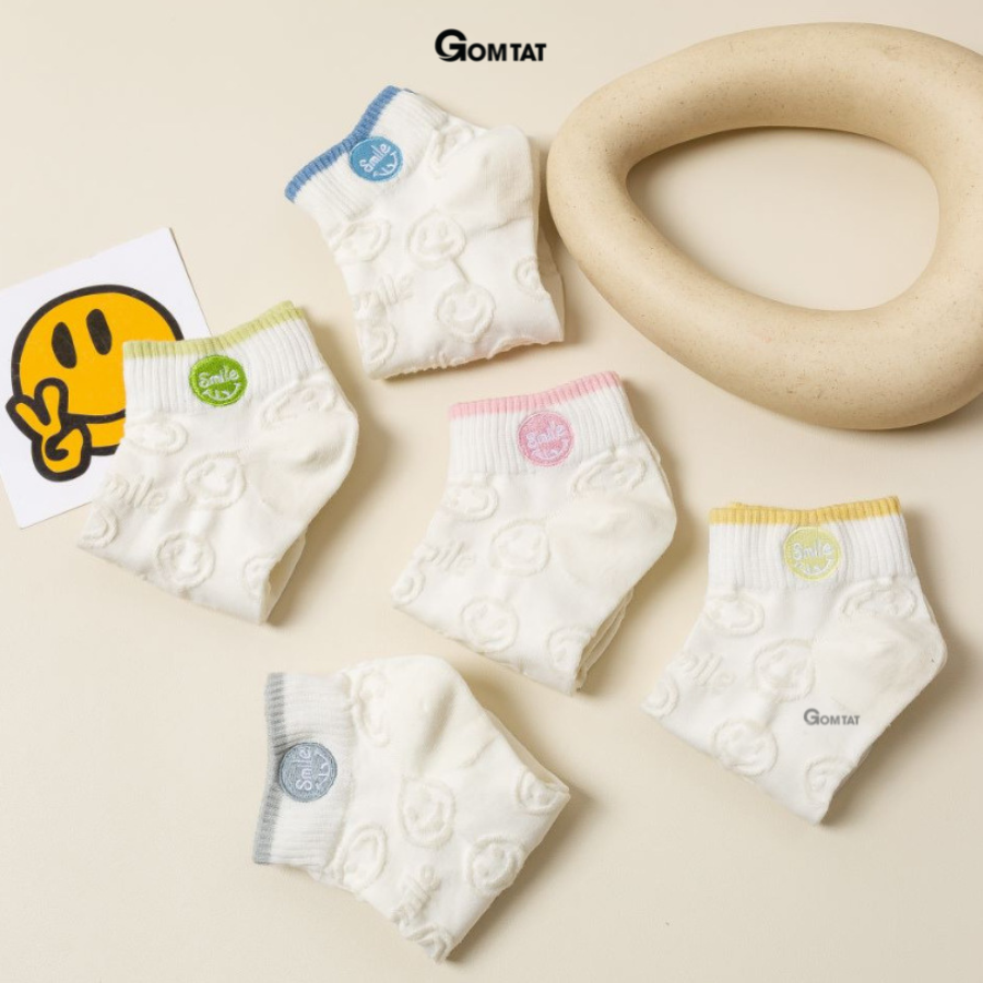 Set 5 đôi vớ nữ cổ ngắn xinh xắn họa tiết mặt cười, tất nữ cổ thấp chất liệu cotton mềm mỏng thoáng mát - CB092