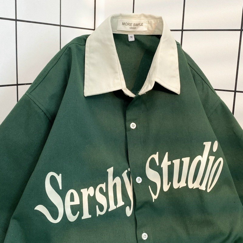 [FreeShip] Áo khoác sơ mi kaki quốc dân CỔ BẺ logo in Sershy Studio có 2 màu xanh đen form rộng, form đẹp, áo flanl