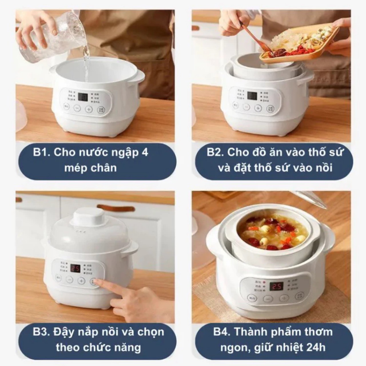 Nồi Nấu Cháo Chậm, Chưng Yến - Nồi Hầm Cách Thủy Đa Năng Dung Tích 1L Dễ Sử Dụng