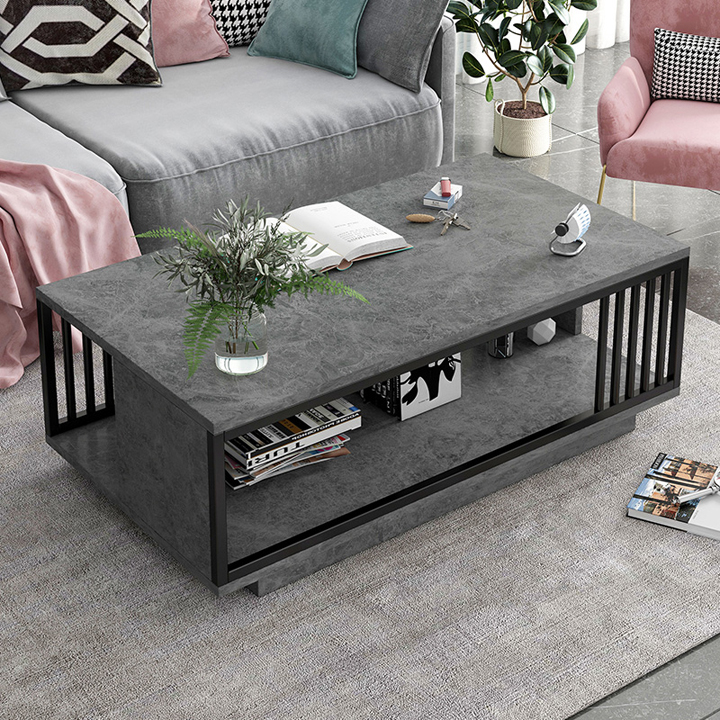 Bàn trà sofa phòng khách ANA mặt bàn họa tiết vân mây cẩm thạch hoặc xám đen 2 tầng khung thép - SF02