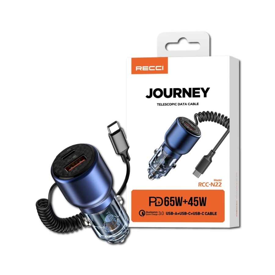 Củ sạc nhanh trên ô tô tích hợp dây Type-C PD65W RECCI RCC-N22 Hàng chính hãng