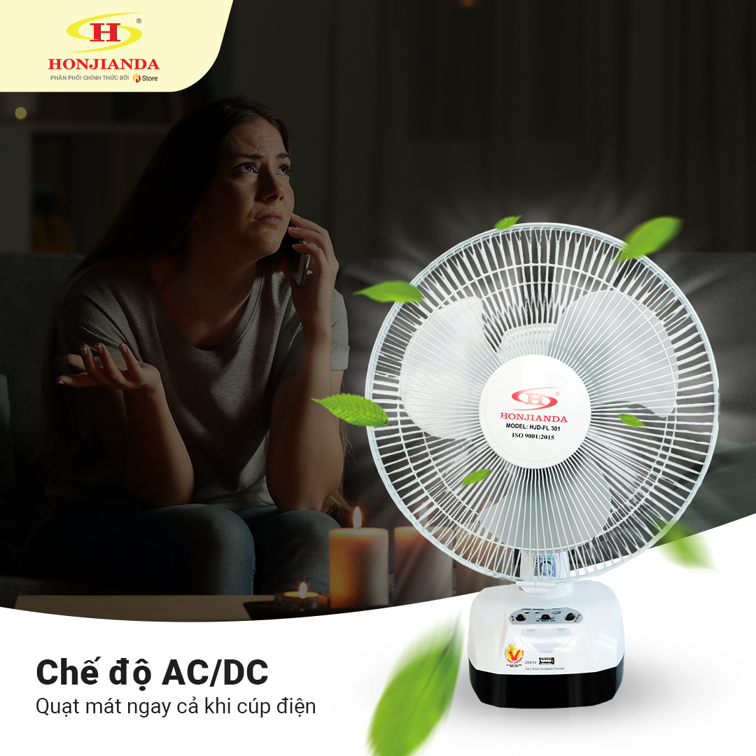 Quạt sạc tích điện Honjianda FL 301 - tích hợp đèn LED & cổng USB - Hàng chính hãng