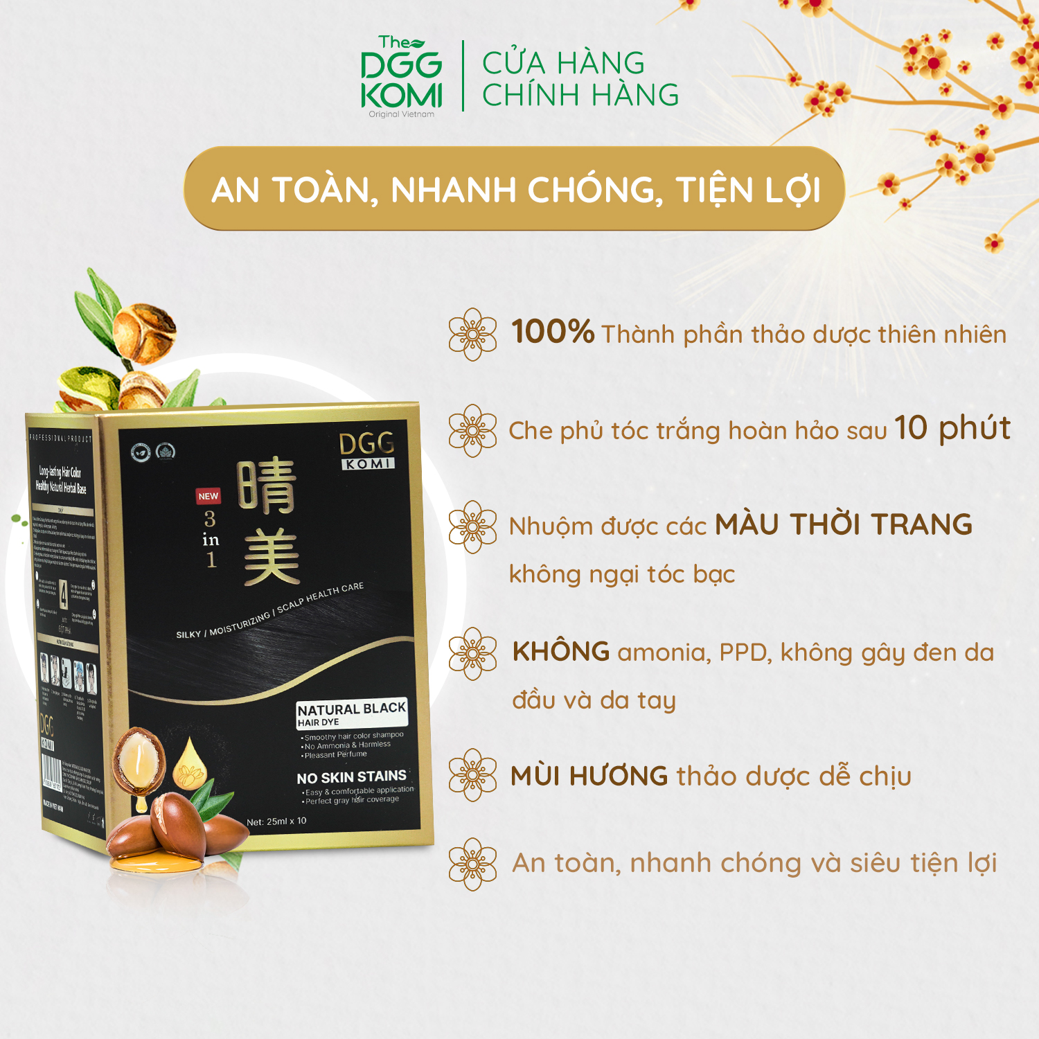 Combo 3 gói dầu gội nhuộm tóc thảo dược DGG KOMI Việt Nam lên màu chuẩn salon chiết xuất thiên nhiên dung tích 25ml/1gói