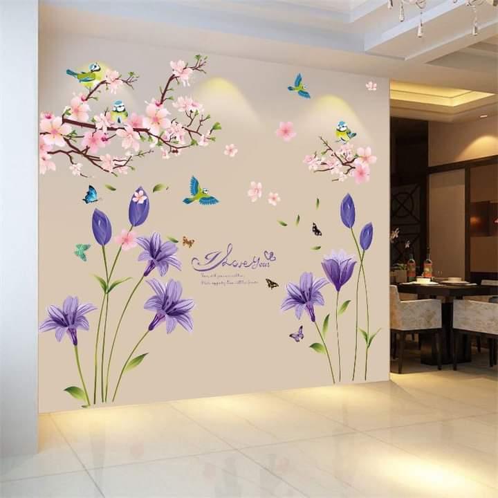 DECAL DÁN TƯỜNG HOA ANH THẢO TÍM VÀ CÀNH ĐÀO HỒNG 6