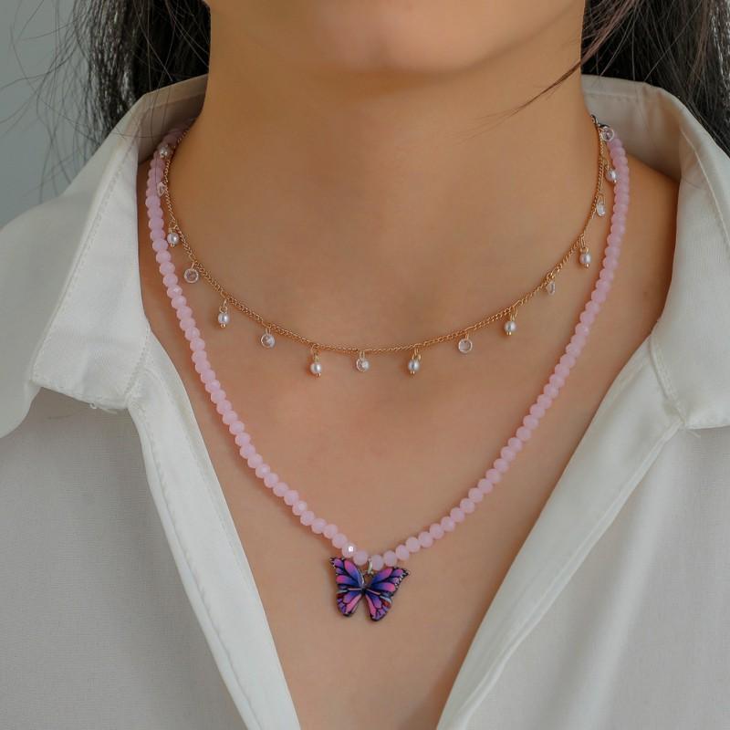 BUTTERFLY Dây Chuyền Hai Lớp Mặt Hình Bướm Đính Đá Thời Trang Cho Nữ