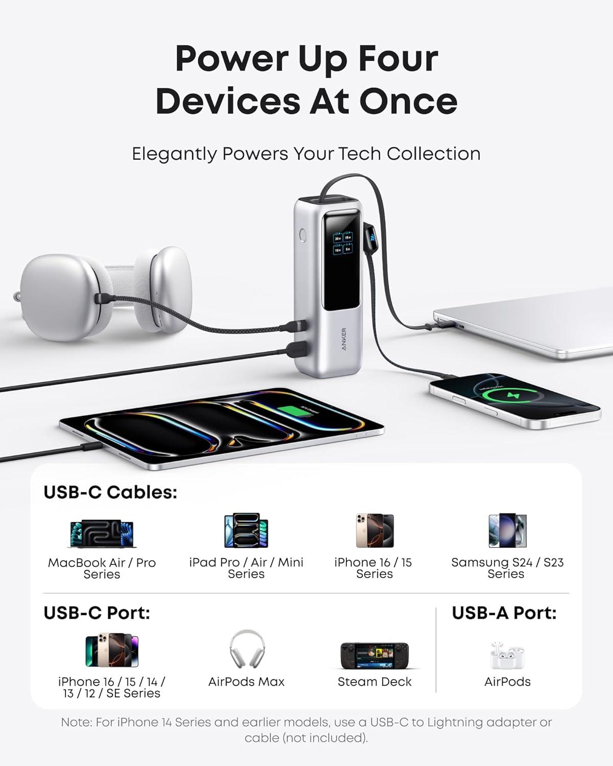 Sạc dự phòng Anker Zolo 1C1A 165W 25000mah (Built-In USB-C and Retractable Cable) Bạc (Silver) A1695 - Hàng Chính Hãng