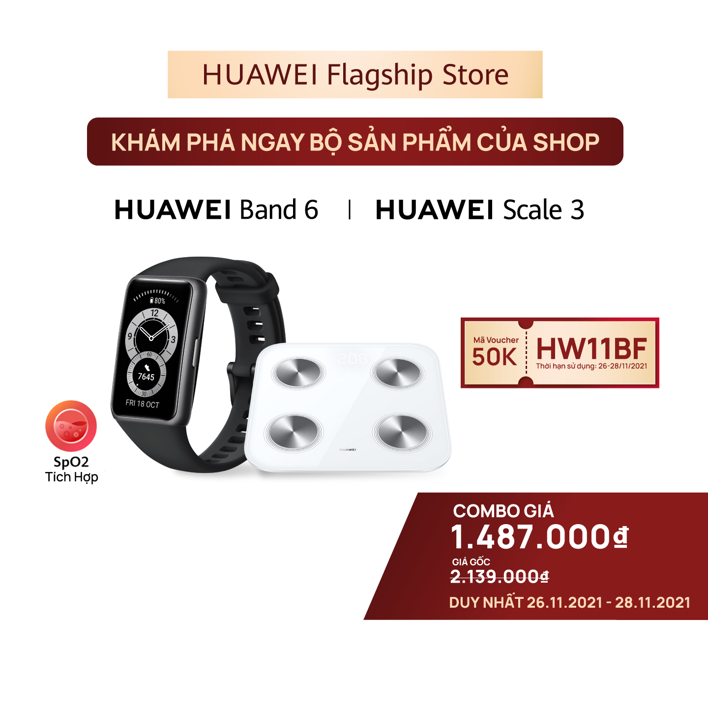 Bộ Sản Phẩm Huawei (Vòng Đeo Tay Thông Minh HUAWEI Band 6 + Cân Điện Tử HUAWEI Scale 3) | Hàng Chính Hãng