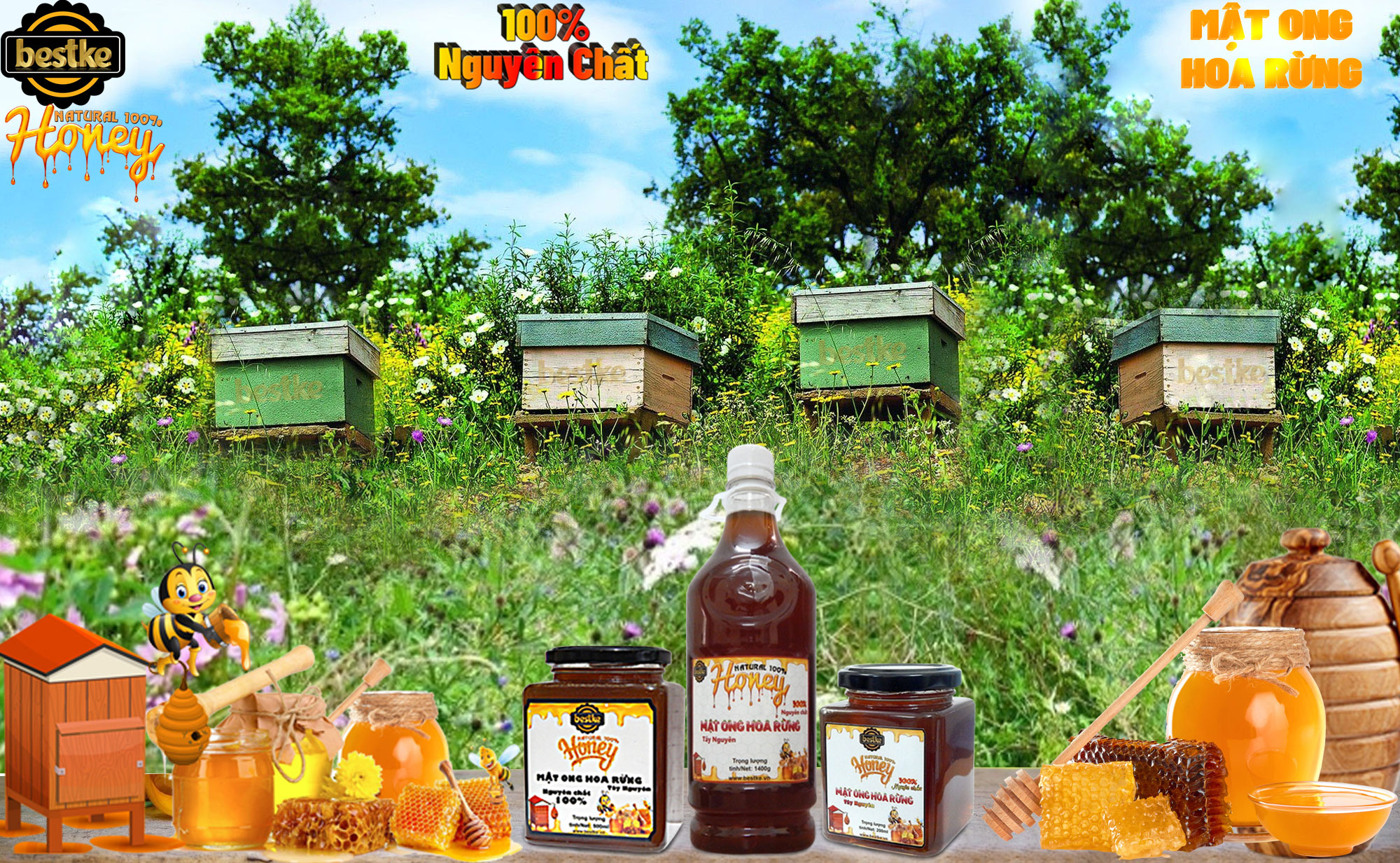 Bestke mật ong hoa rừng nguyên chất 100%, combo 5 hũ, mỗi hũ 200ml, honey natural bestke