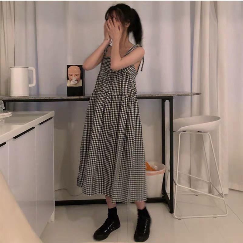 ĐẦM 2 DÂY CARO 3 MÀU TAY CỘT NƠ DÁNG XÒE DÀI
