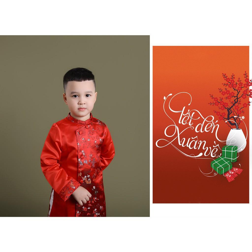 ĐỒ MẶC TẾT CHO BÉ - Áo dài gấm phối hình dài tay, khóa lưng bé trai size 1-10T, cho bạn từ 10-30kg. Chất gấm siêu đẹp