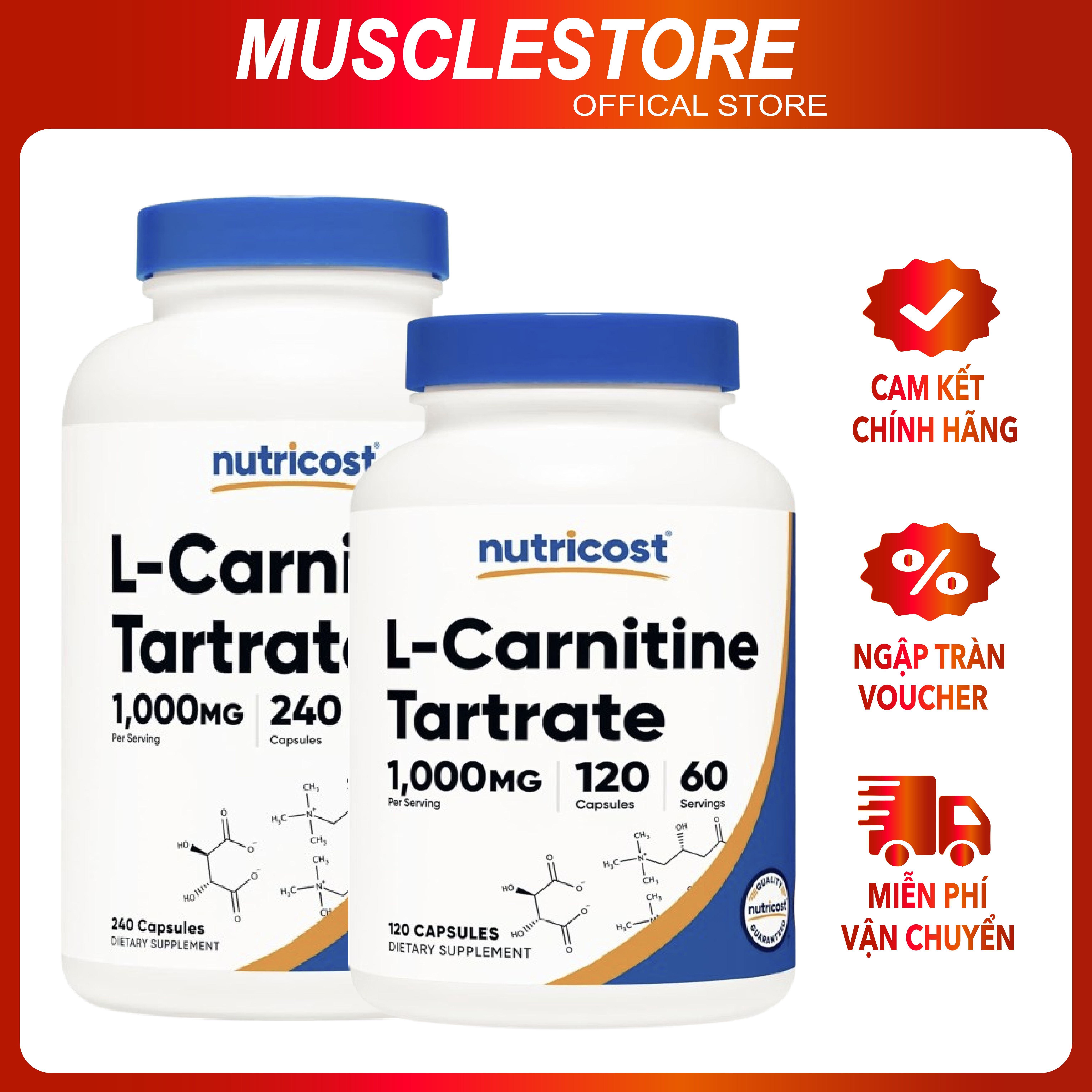 Viên Uống Giảm Mỡ Nutricost L-Carnitine Tartrate (1000mg), Hỗ Trợ Đốt Mỡ, Bổ Sung Năng Lượng