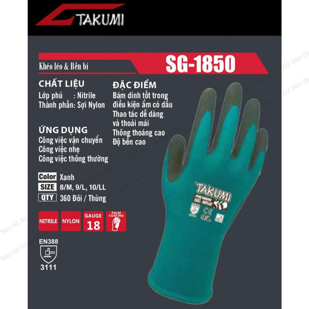 Găng tay bảo hộ đa dụng Takumi SG-1850 độ khéo léo cấp 5, phủ nitrile chống dầu nhớt, tăng độ bám, thoáng khí