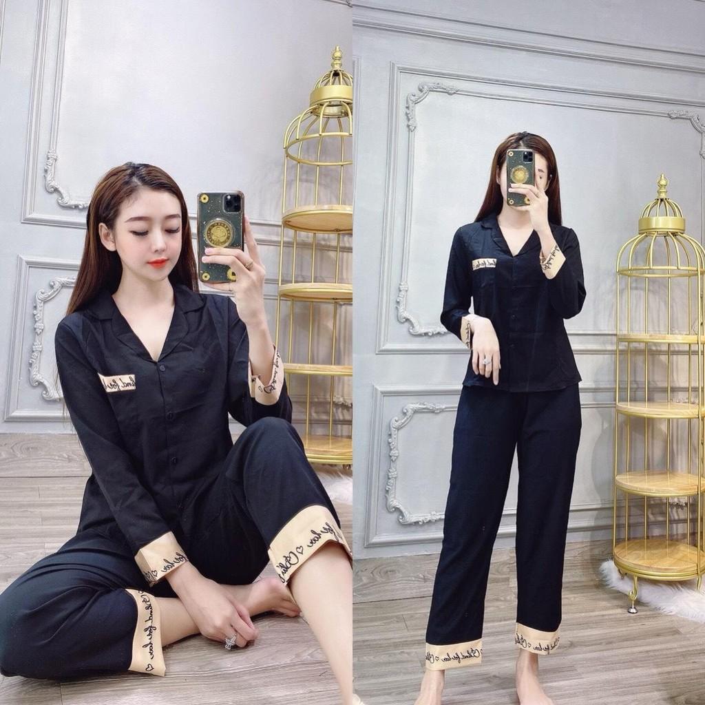 Set bộ đồ mặc nhà dài tay đáp chữ ký vải lụa mềm mịn-LP1