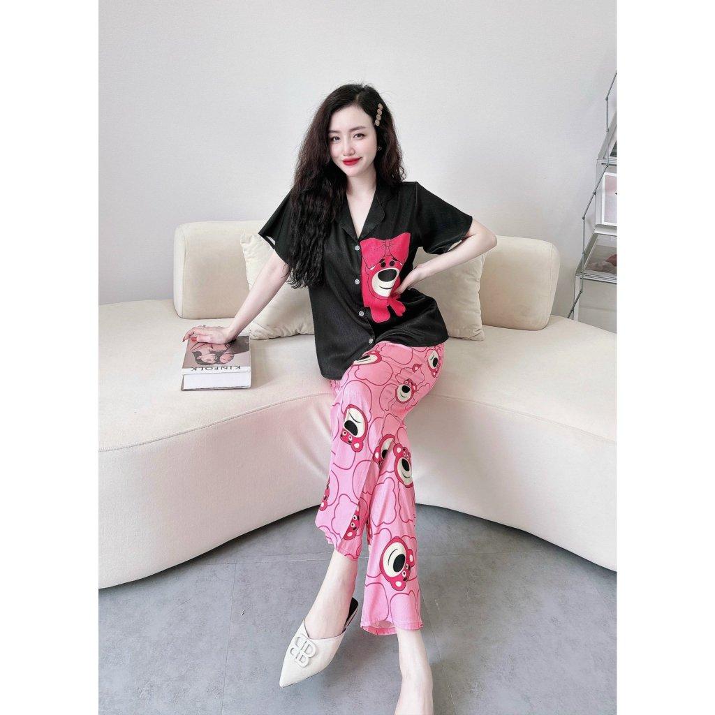 Đồ Bộ Pijama Lụa Xước Cao Cấp Tay Ngắn Quần Dài (gấu) freesize 40-60kg