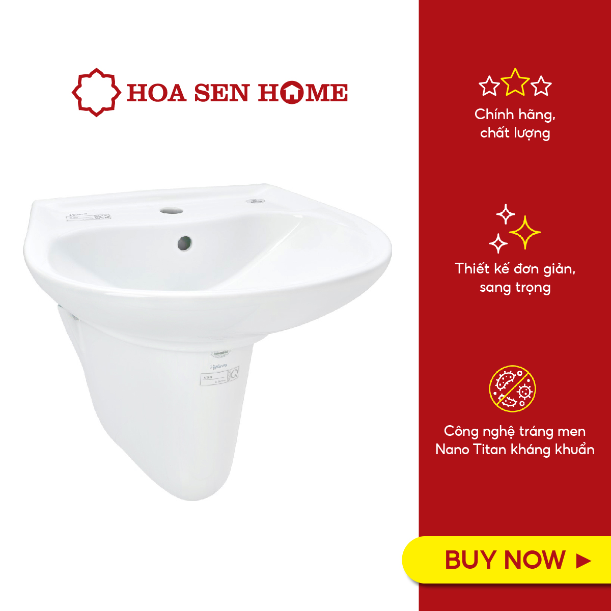 Bộ lavabo treo tường chân ngắn Viglacera V39 sứ Ceramic trắng sáng, men Men Nano Titan diệt khuẩn đến 86%, lòng sâu, có lỗ xả tràn - Hoa Sen Home - Hàng chính hãng