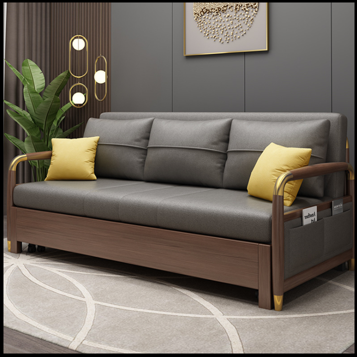 Giường Sofa Gấp Gọn Kiêm Ghế Sofa KT 1m3 x 1m90, Giường Ngủ Sofa Cao Cấp Có Hộc Chứa Đồ. Toàn Bộ Khung Thép Chịu Lực Sơn Tĩnh Điện. Tay Ốp Gỗ Sồi Bọc Đồng. Thiết Kế Thẩm Mĩ, Hiện Đại