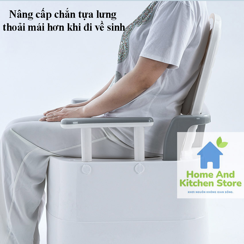 Bồn cầu di động CÓ TAY VỊN, TỰA LƯNG, NÉP KÉP NGĂN MÙI VÀ CHỐNG TRƯỢT BO QUANH cho người già, phụ nữ mang thai, người bệnh khó vận động