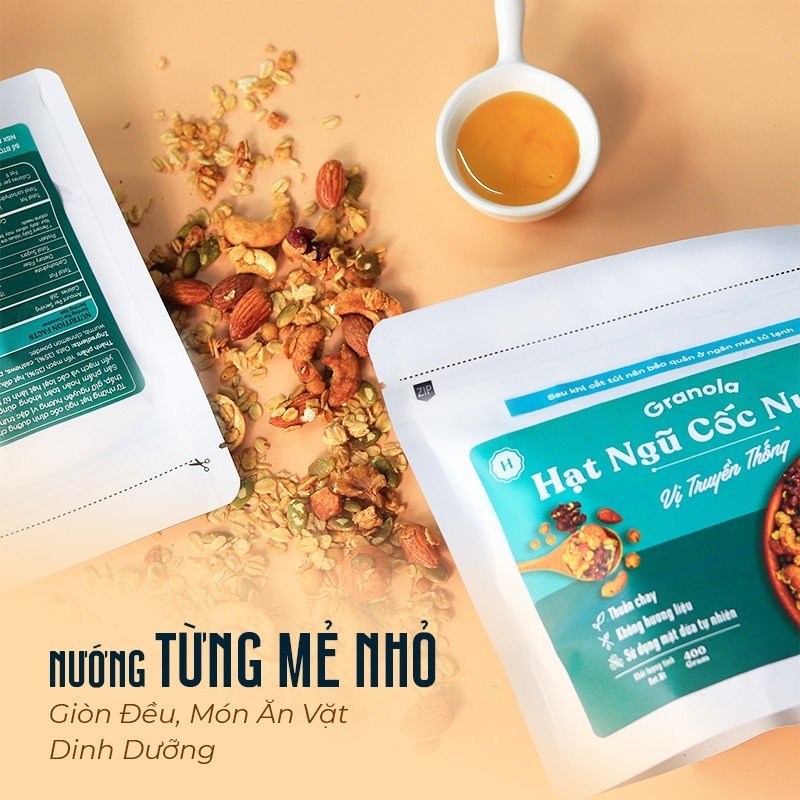 Granola nướng giòn tan - Vị truyền thống túi 150g - Dùng mật dừa nước, 0 trái cây sấy, GI thấp - Hạt ngũ cốc giảm cân - HeydayCacao
