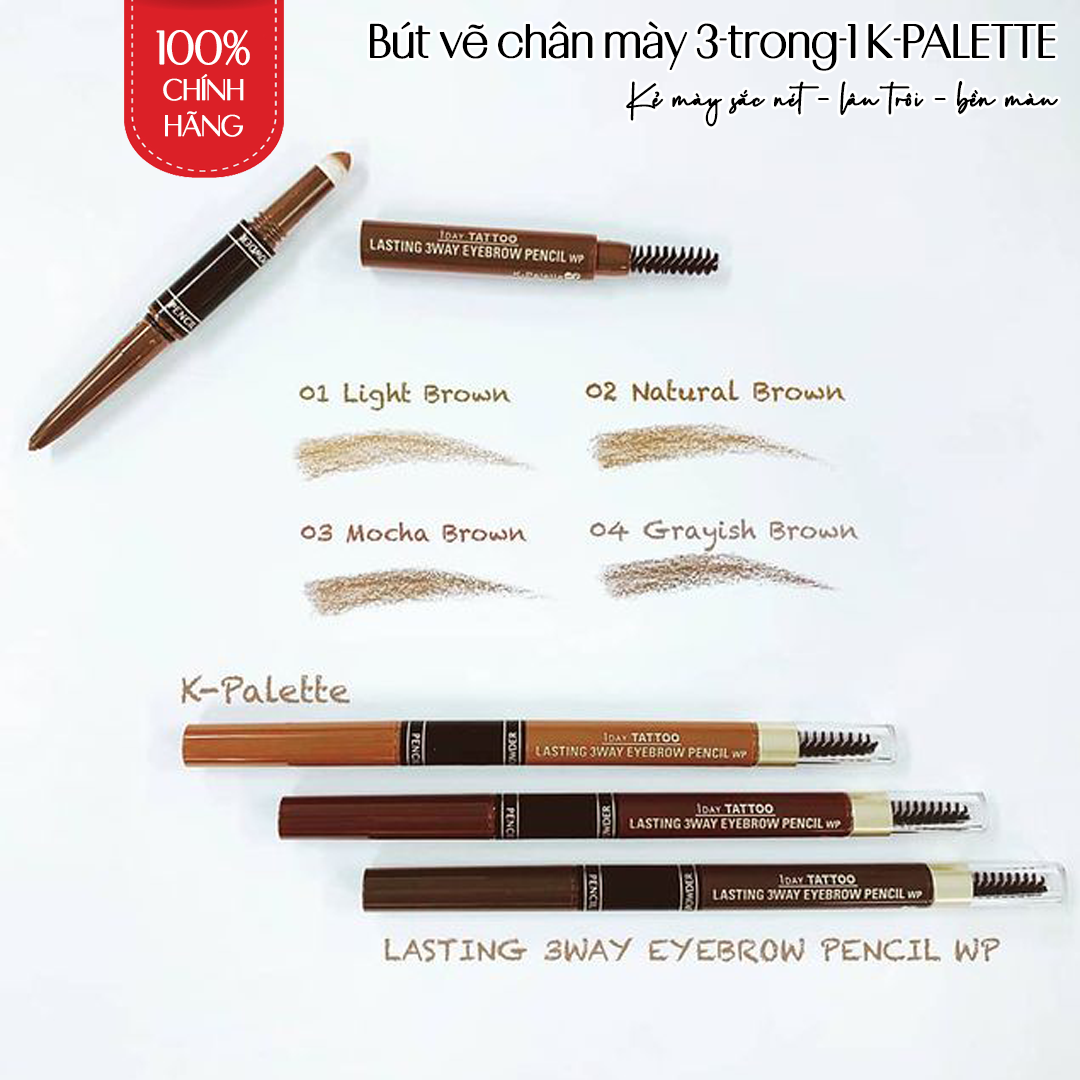 Bút Vẽ Lông Mày 3 Đầu Nhật Bản, Đầu Chì, Đầu Bột, Cọ Chải, K-Palette Eyebrow Pencil, Chống Lem, Lâu Trôi, Bền Màu 24h (04 Màu nâu xám)