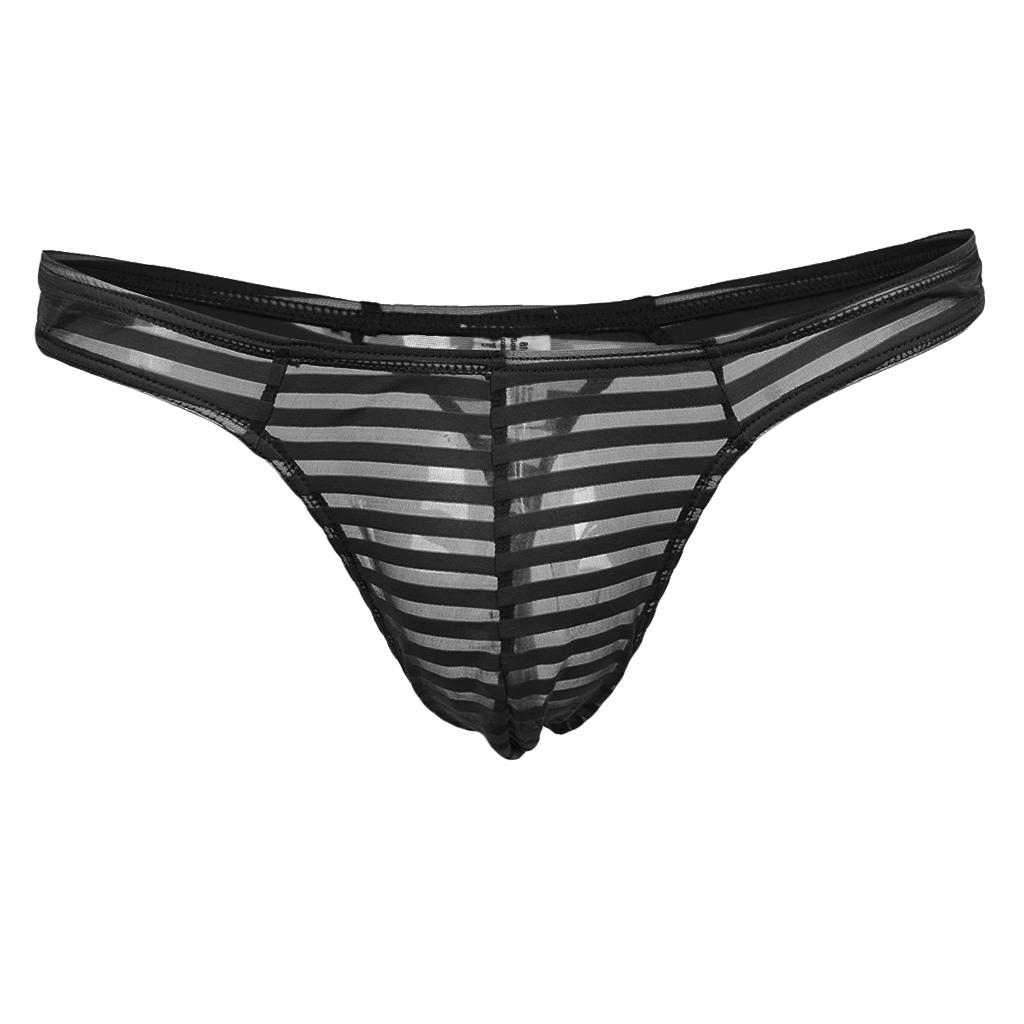 Men's Sheer Mesh Striped Panties Pouch Thong Low Waist Underpants Brief T-back Underwear