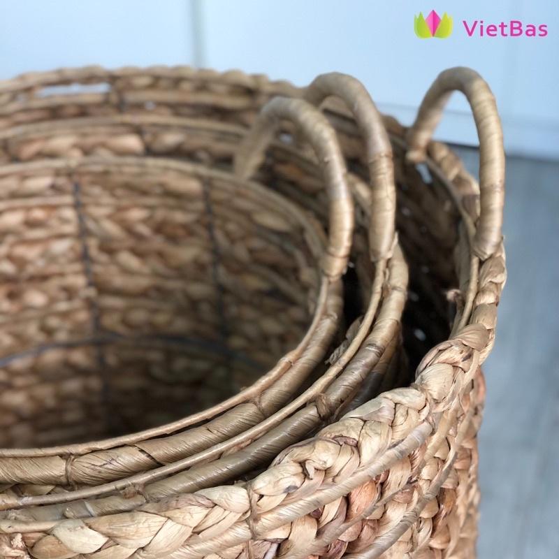 Giỏ lục bình đan xương cá VIETBAS tròn có quai MAU63