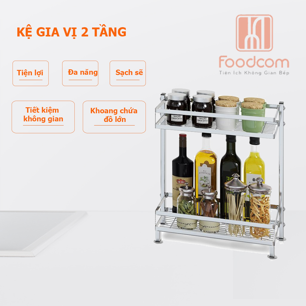 Kệ để gia vị 2-3 tầng cao cấp Foodcom chất liệu inox cao cấp không han gỉ, kệ đựng chai lọ đa năng, kệ để đồ nhà bếp gọn gàng sang trọng hơn