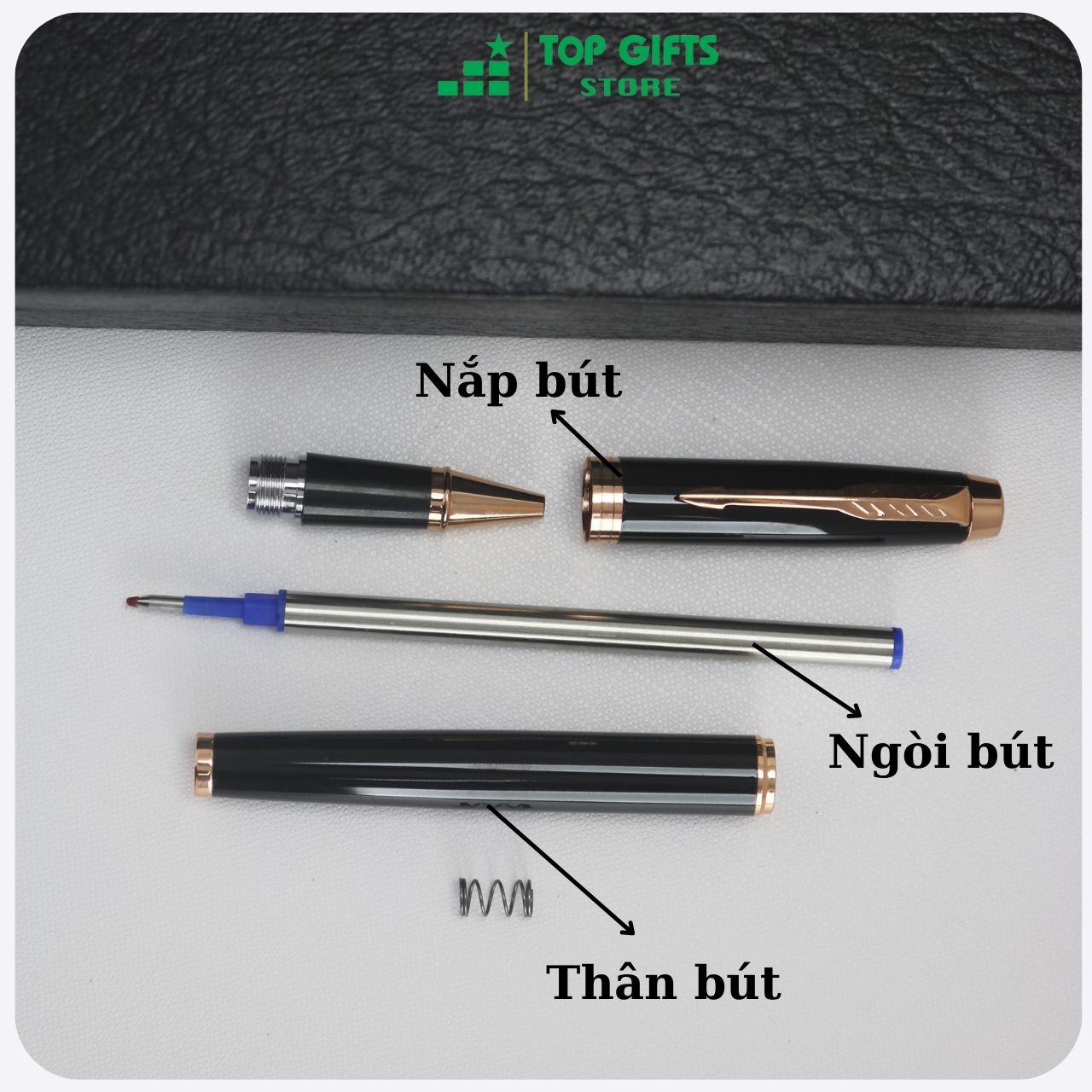 Bút ký kim loại nắp đen viền đồng IMD019 ngòi 0.5mm| Quà tặng sinh nhật bạn bè, người thân + Ruột bút + Hộp đựng bút