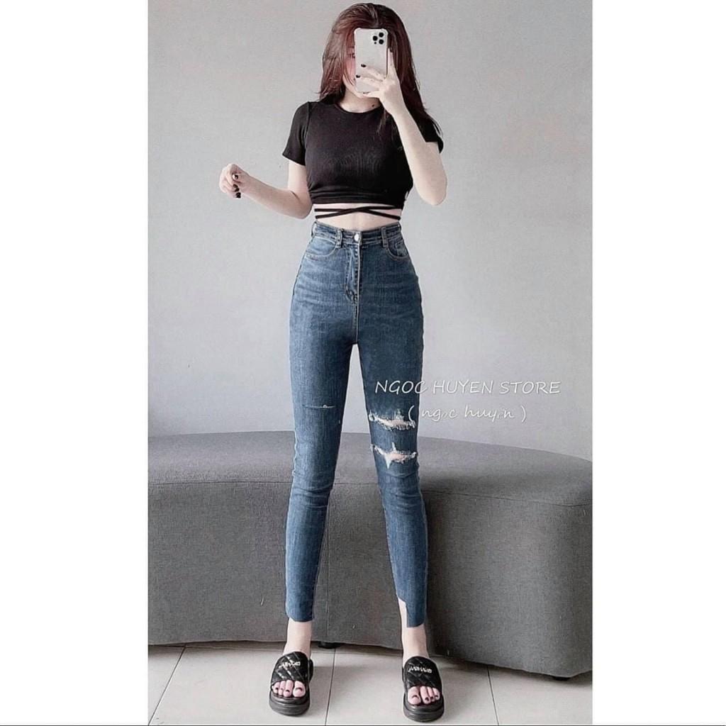 Quần Jeans Cạp Cao Rách Gối Mẫu Hót 2021