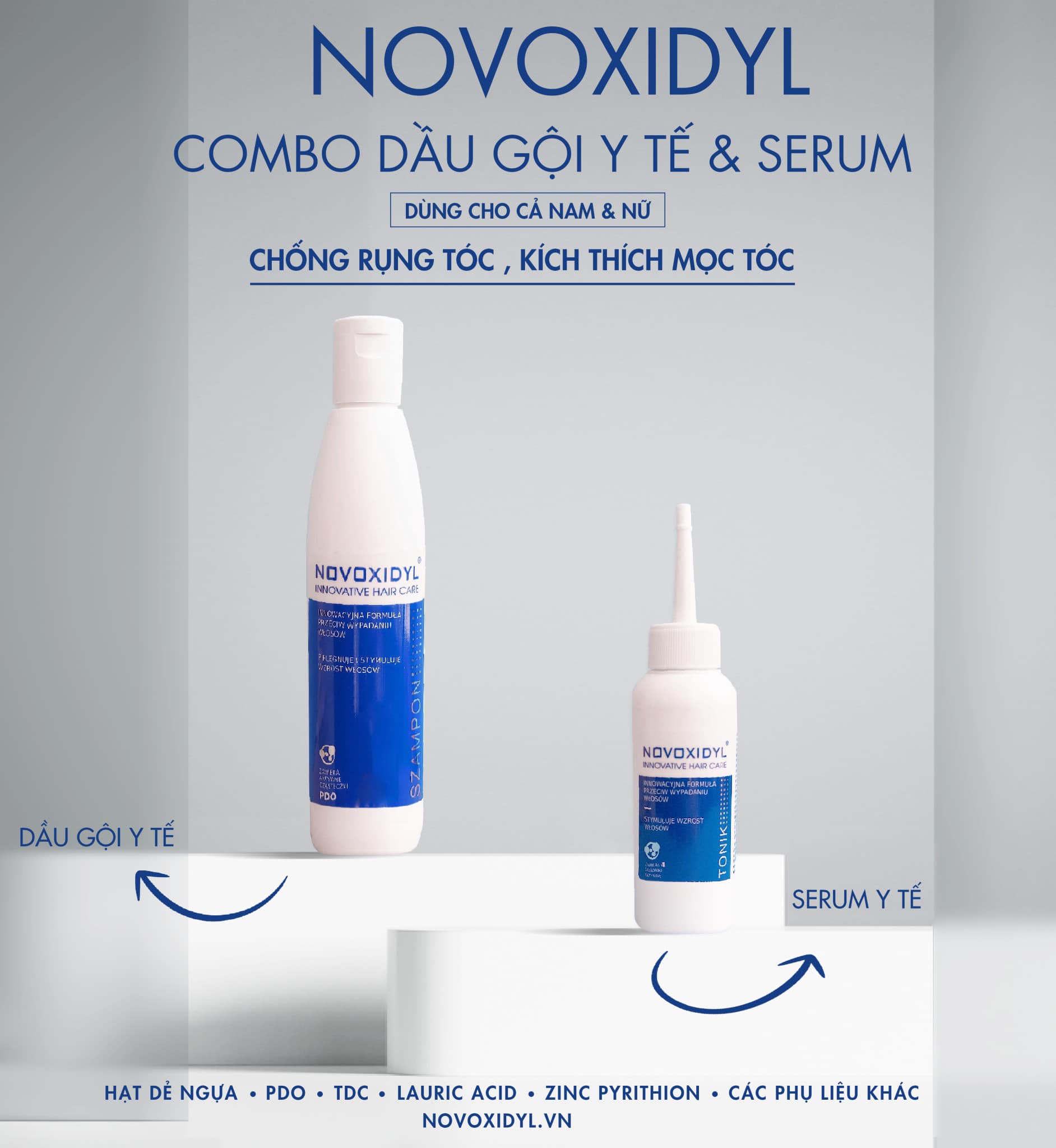 Combo Dầu gội 200ml + Serum Y Tế 75ml Novoxidyl chống rụng tóc, thúc đẩy mọc tóc nhanh