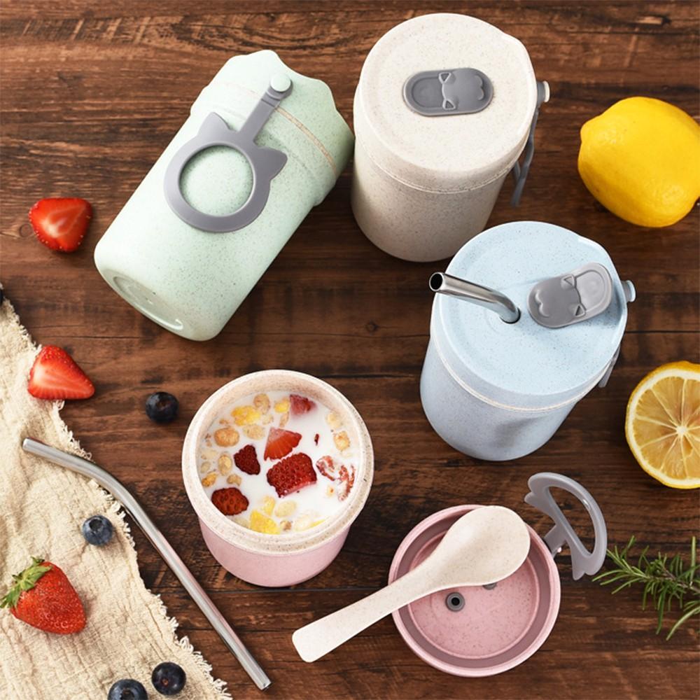 Cốc Đựng Canh + Ống Hút + Thìa Ăn Cơm Trưa Văn Phòng - Chất Liệu Lúa Mạch An Toàn