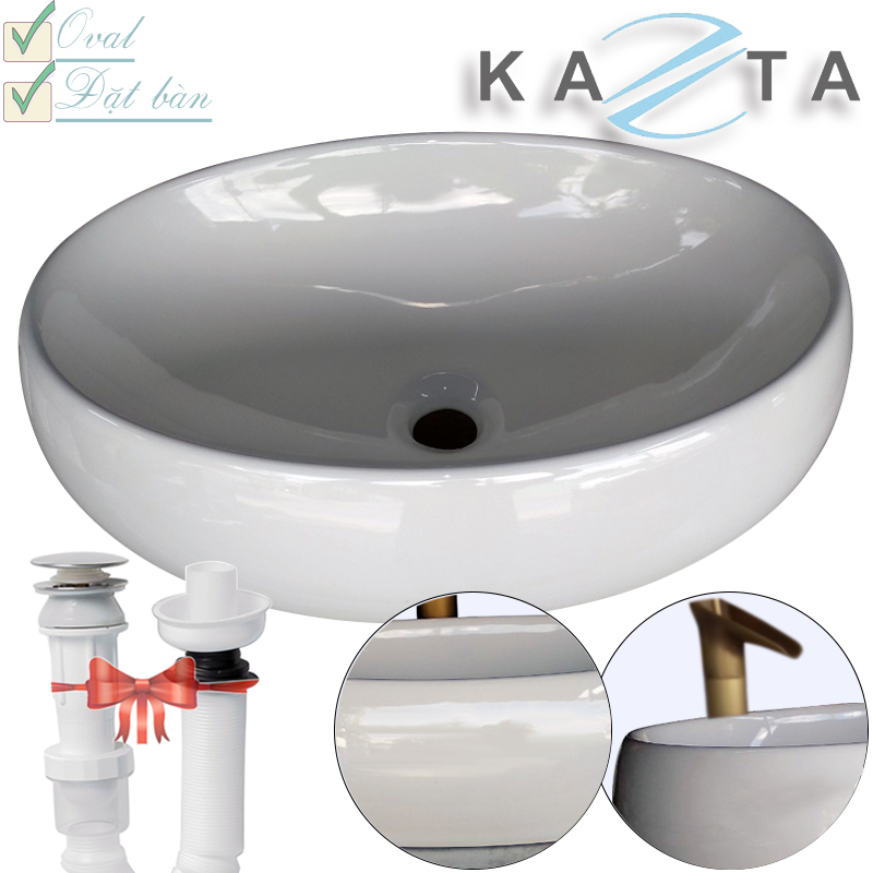 Combo Lavabo Đặt Bàn Đá Kèm Vòi Nóng Lạnh Giả Cổ, Gương Dây Da, Giá Treo Khăn Đa Năng KAZTA KZ-CBB04G