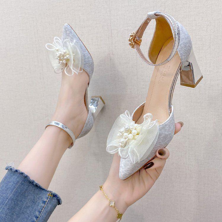 Giày Cao Gót Đính Nơ Phối Ren Xinh Xắn Dành Cho Cô Dâu