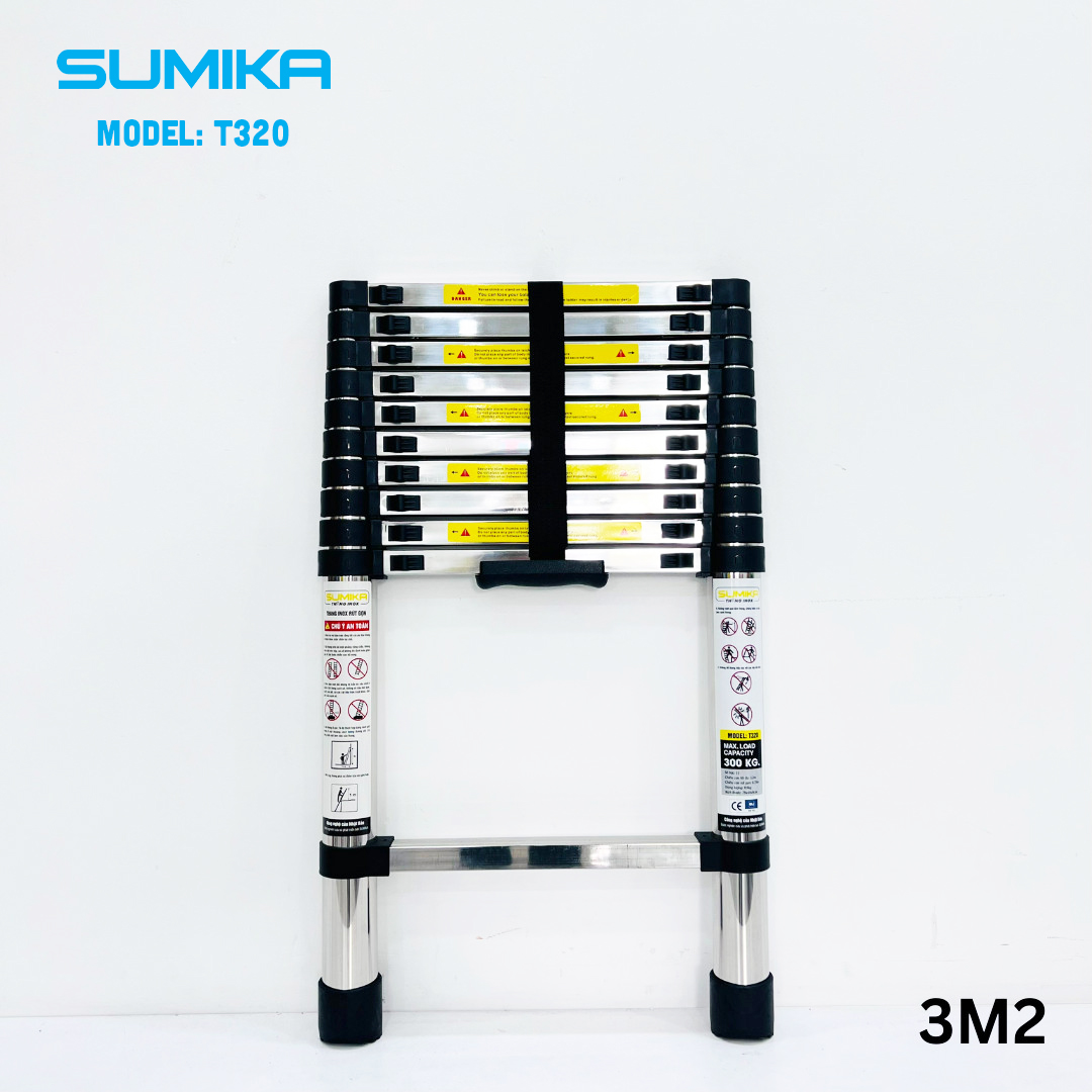 Thang Inox rút gọn SUMIKA T320 - Chiều cao tối đa 3,2m, chiều cao rút gọn 0,75m, tải trọng 300kg