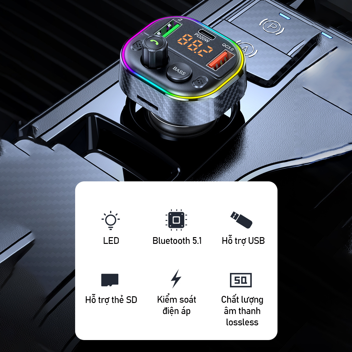 Tẩu sạc ô tô thu bluetooth Máy phát FM bầu không khí đầy màu sắc ánh sáng -D1624