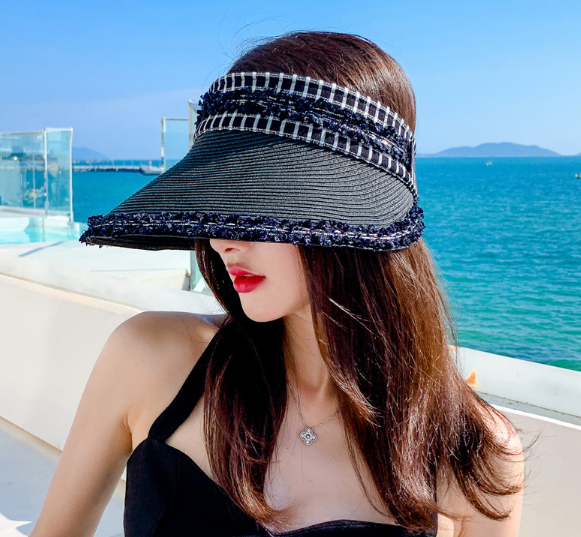 Mũ chống nắng nửa đầu phong cách Hàn màu đen, nón đi biển rộng vành mới