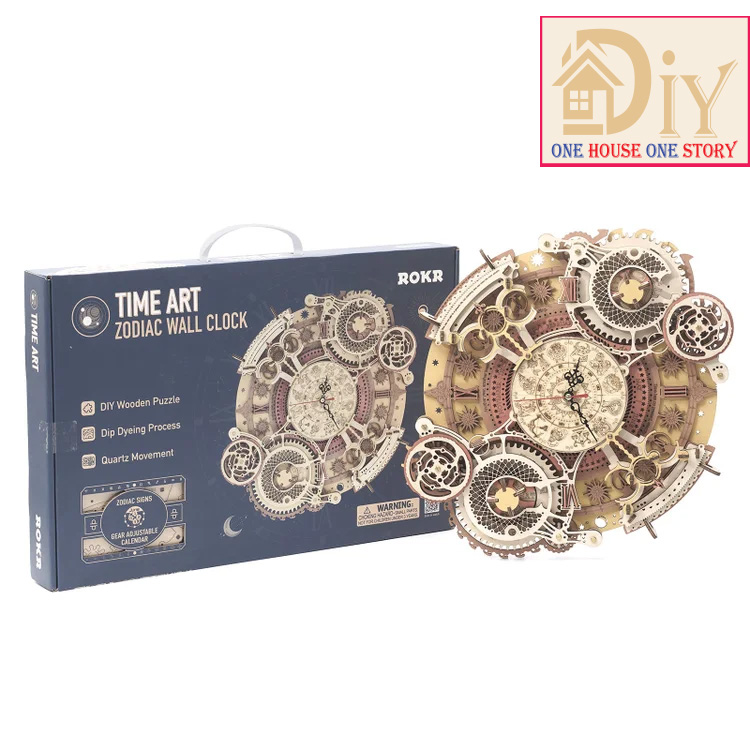 [Bản Quốc tế]Mô hình gỗ lắp ghép Robotime ROKR Đồng hồ Cung Hoàng Đạo Zodiac Wall Clock Mechanical Time Art Engine LC601