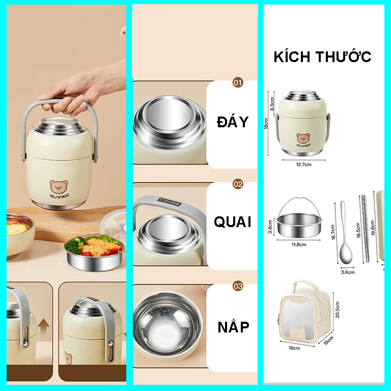 Hộp đựng cơm, cháo Helid Fanda INOX 304 - Dung tích 1.6L Tặng kèm Túi cách nhiệt + Bộ dụng cụ ăn
