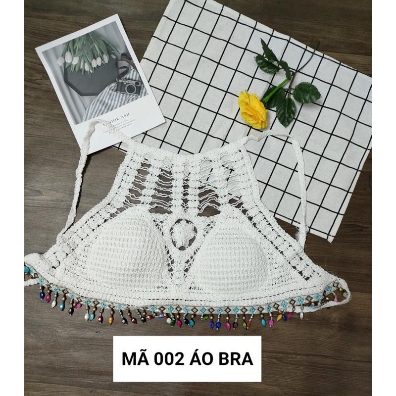 10- Set bikini ren đi biển 3 món áo bra yếm hạt - quần sóc ren- áo choàng