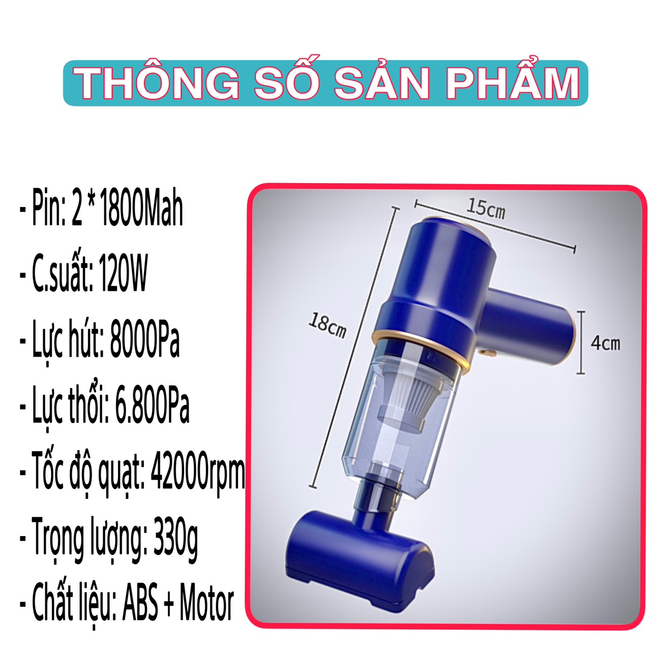 Máy hút thổi bụi đa năng cầm tay không dây sạc pin công suất 120w lực hút 8000Pa LT-117