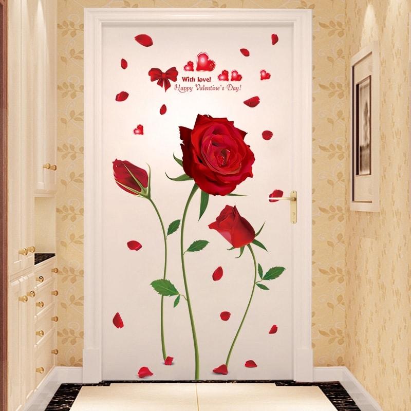 DECAL DÁN TƯỜNG HOA HỒNG ĐỎ TO VÀ CÂY TRÁI TIM CẶP ĐÔI - HP890