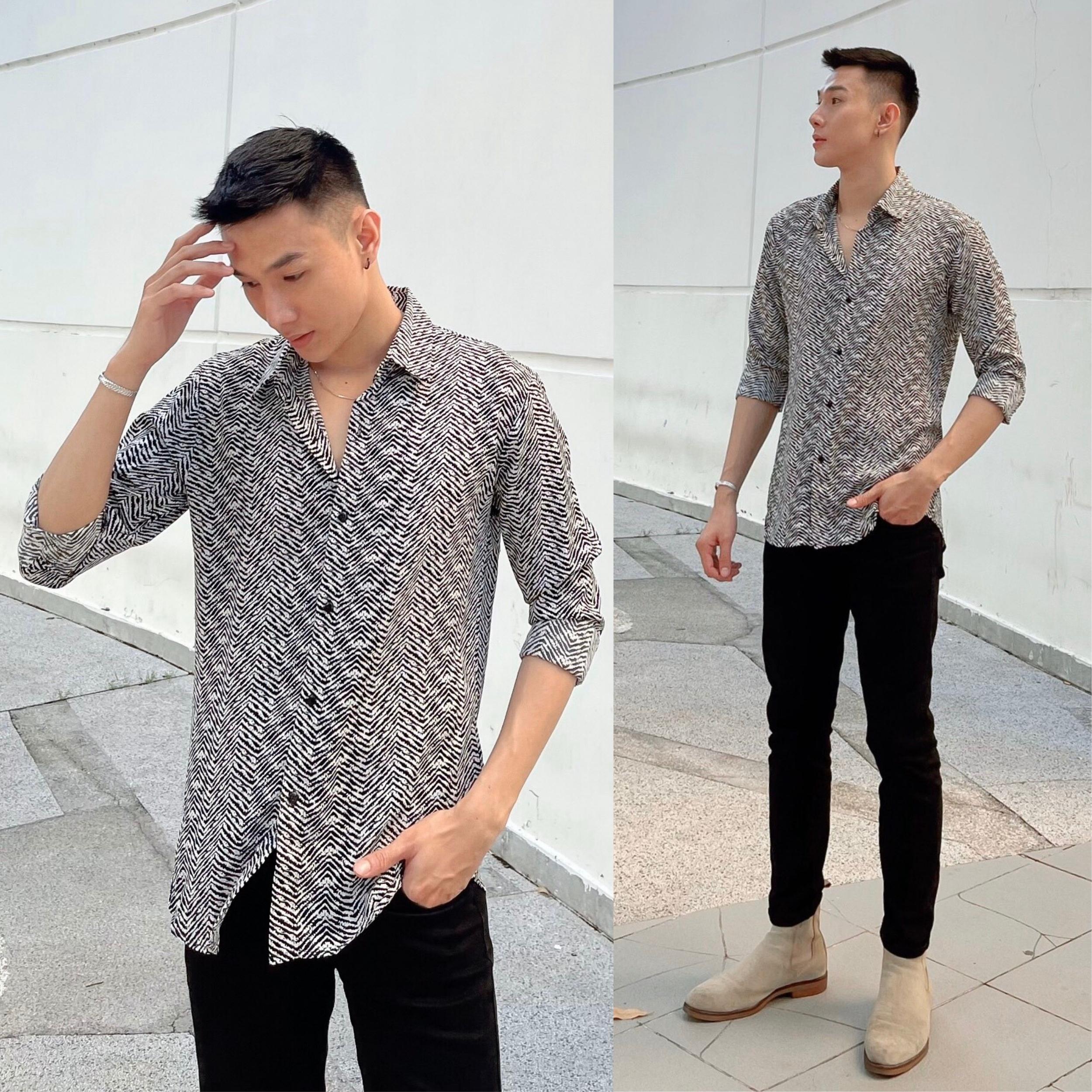 Áo sơ mi lụa họa tiết dài tay form rộng S3