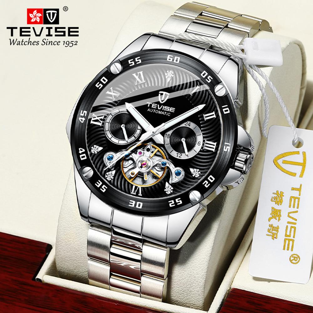 Đồng hồ cơ tự động TEVISE Men Dây đeo bằng thép không gỉ Hiển thị thời gian Thiết kế dạ quang Thời trang nam chống thấm nước