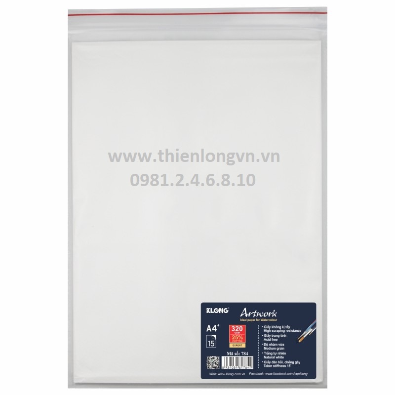 Giấy vẽ A4 320 GSM - 25% cotton - 15 tờ/tập; Klong 784