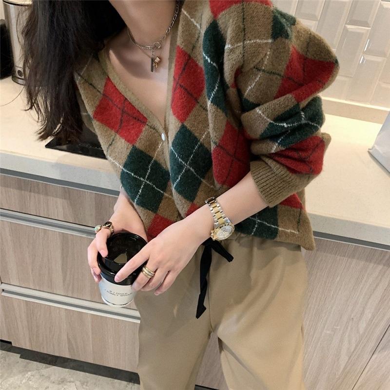 MS461 Áo khoác len cardigan hình trám phối màu