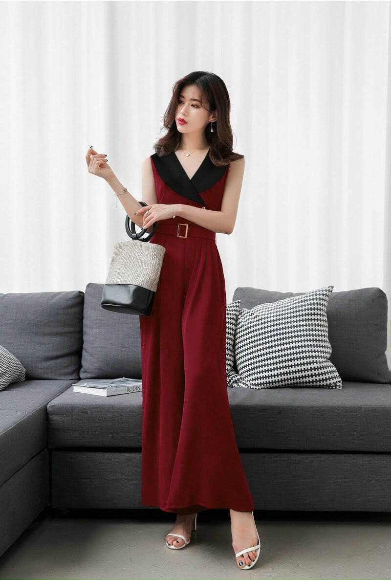 Jum dài ống rộng cổ phối màu kèm belt xinh xắn như hình