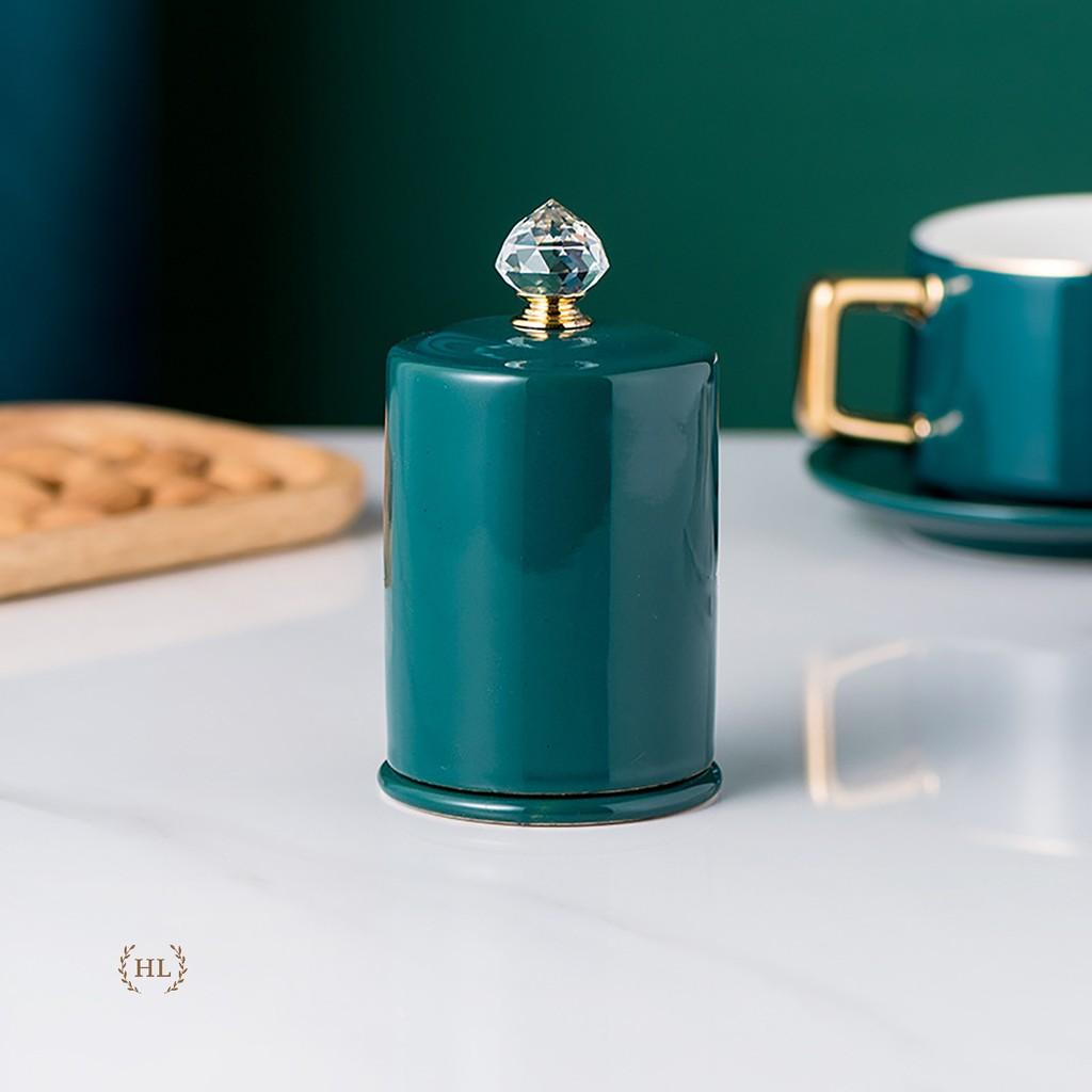 Lọ Đựng Tăm Xanh Sứ Hoa Văn Hươu Cao Cấp Vàng Kim | Hũ sứ có nắp đậy đính đá size To