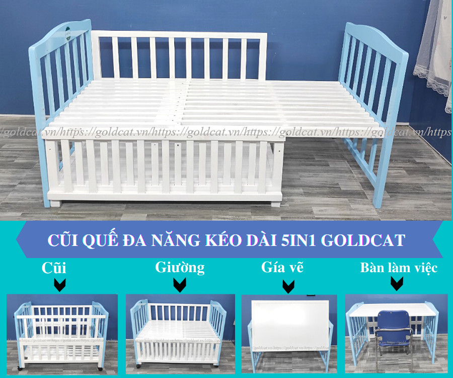 Cũi Cho Bé GOLDCAT Chất Liệu Gỗ Quế Tự Nhiên, Tích Hợp 5 Chế Độ Sử Dụng Cho Bé 0-10 Tuổi