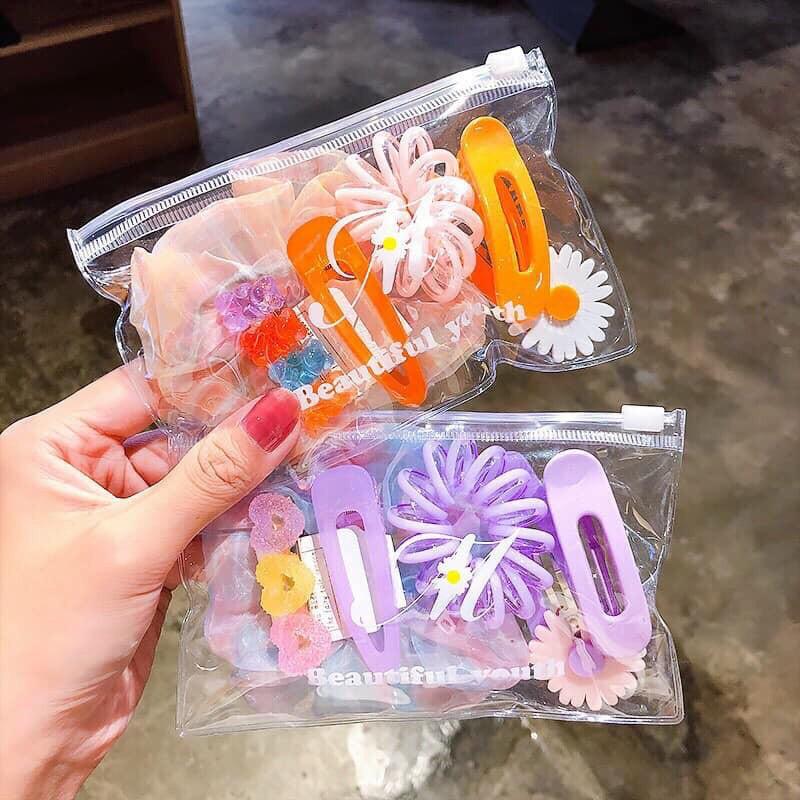 Set Chun Kẹp 6 Món Cho Bé, kẹp tóc, chun cột tóc túi zíp cho bé #CT06