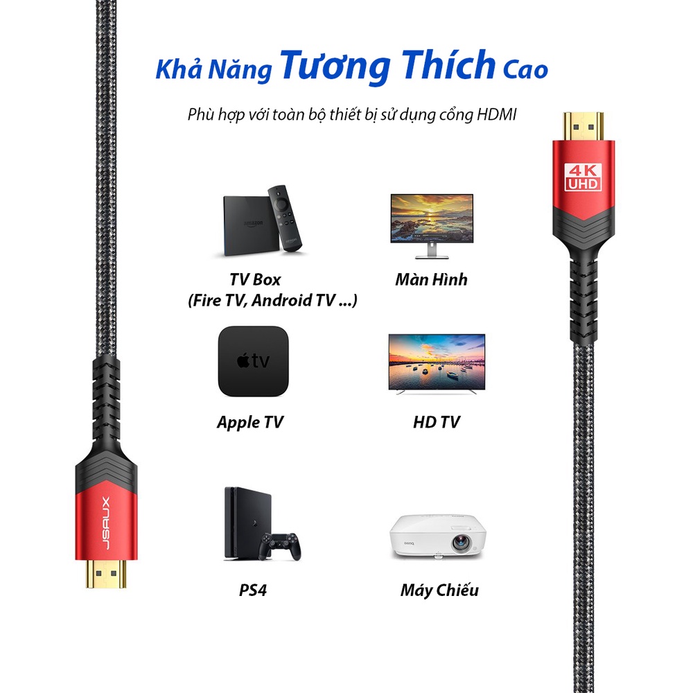 Hàng chính hãng - Cáp HDMI 2.0 JSAUX 4K 60Hz 3M Đầu Nối Mạ Vàng Chống Nhiễu - Tương Thích Với Tất Cả Cổng Kết Nối HDMI - HDMI to HDMI